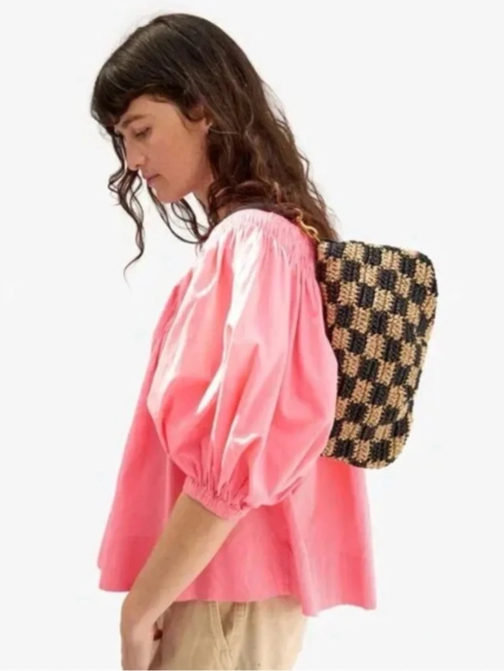 Clare V Petit Moyen Black & Natural Checker Raffia - Picture 3 of 7